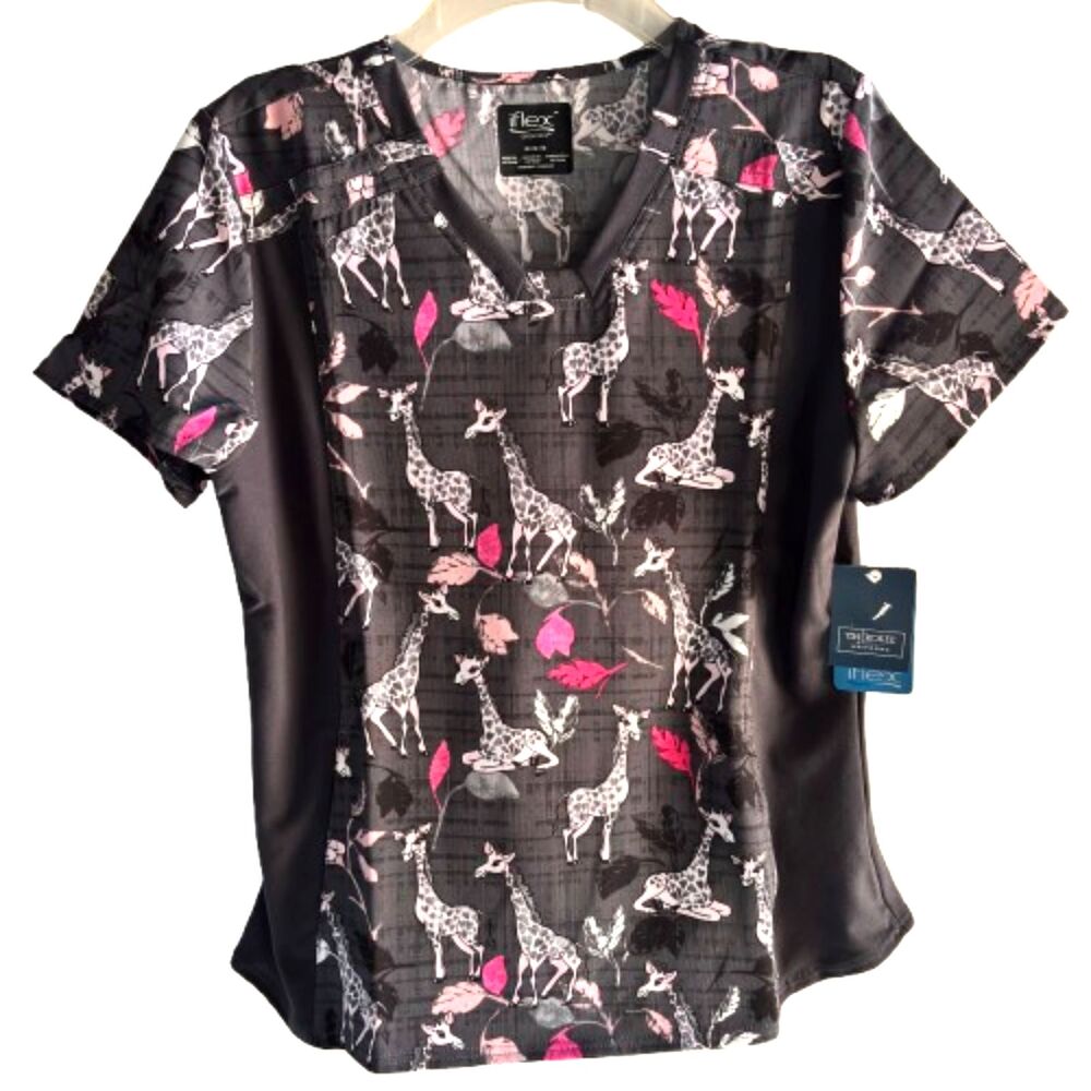 Cherokee IFLEX Giraffe Print Scrub Top Size M V-Neck Nurse Uniform